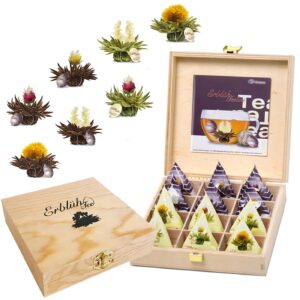 Creano Teelini Tea Flowers in Cup Size, Gift Set in Wooden Tea Box, 12 Blooming Teelini in 8 Varieties – White Tea & Black Tea