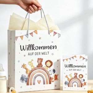 Gift Bag Birth Baby, Gift Bag with Wrapping Paper and Card, Gifts for Birth Boy & Girl, Gift Wrapping Paper Bags with Handle – Welcome to the World