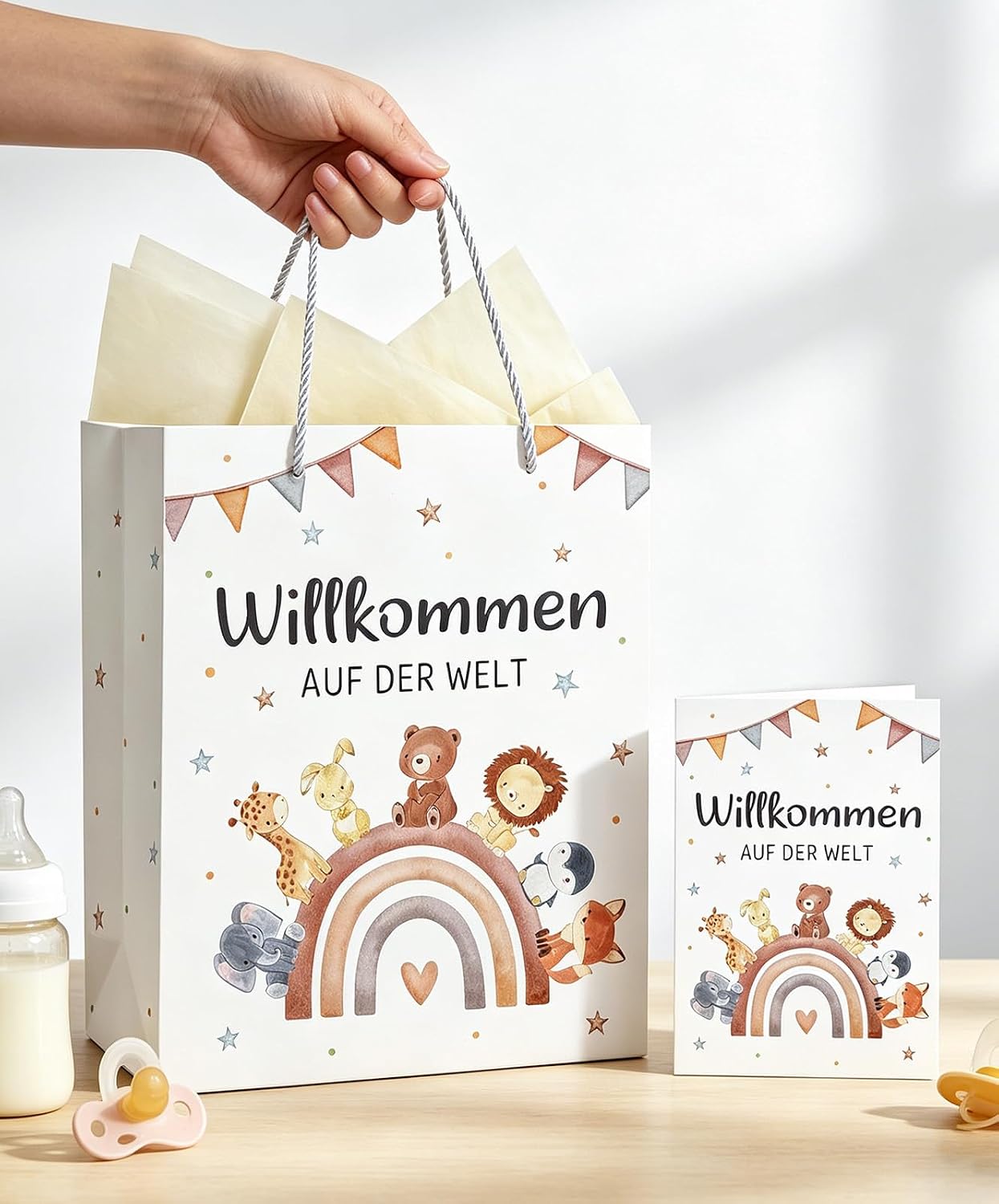 Gift Bag Birth Baby, Gift Bag with Wrapping Paper and Card, Gifts for Birth Boy & Girl, Gift Wrapping Paper Bags with Handle - Welcome to the World