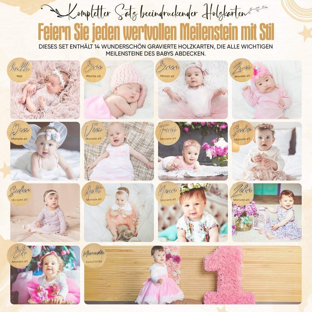 Wooden Milestone Cards Baby German – 14 Milestones on Elegant Wooden Discs with 3D Effect as a Gift in Fabric Bag Packed for Birth/Baby Shower for Pregnant Women, Expectant Mothers – Bild 4