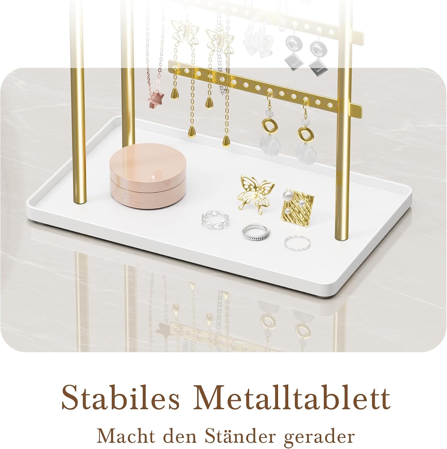 Gold Jewellery Organiser - 3 Bars Jewellery Stand, Jewellery Storage for Earrings, Bracelets, Necklaces, Perfume, Decorative Aesthetic Accessories for Dressing Table, Adjustable Angle and Height 37 cm (Max) – Bild 4