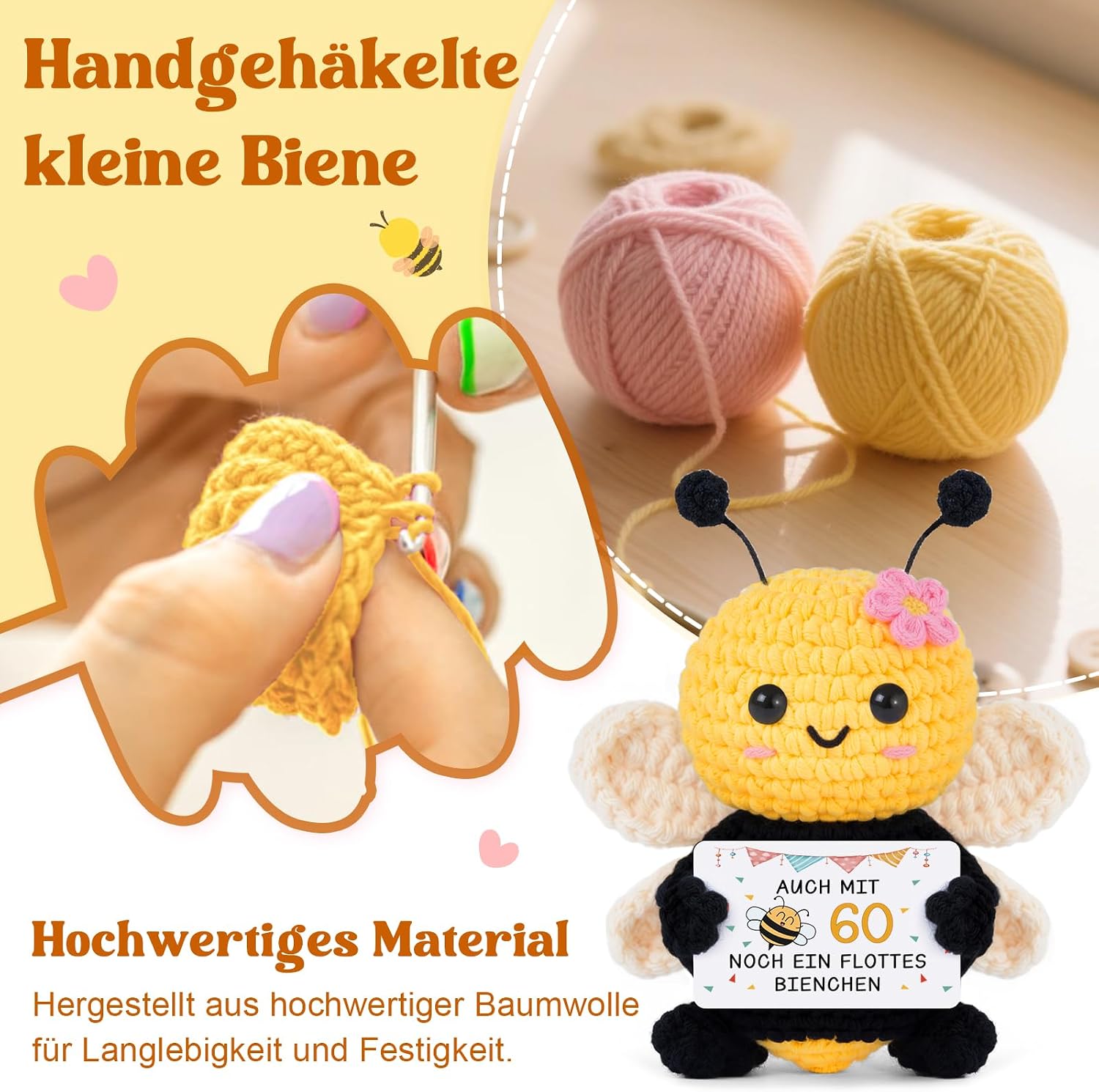 Gleevara 60th Birthday Woman - Hand Crocheted Bee Figure with Energy Card – Bild 4