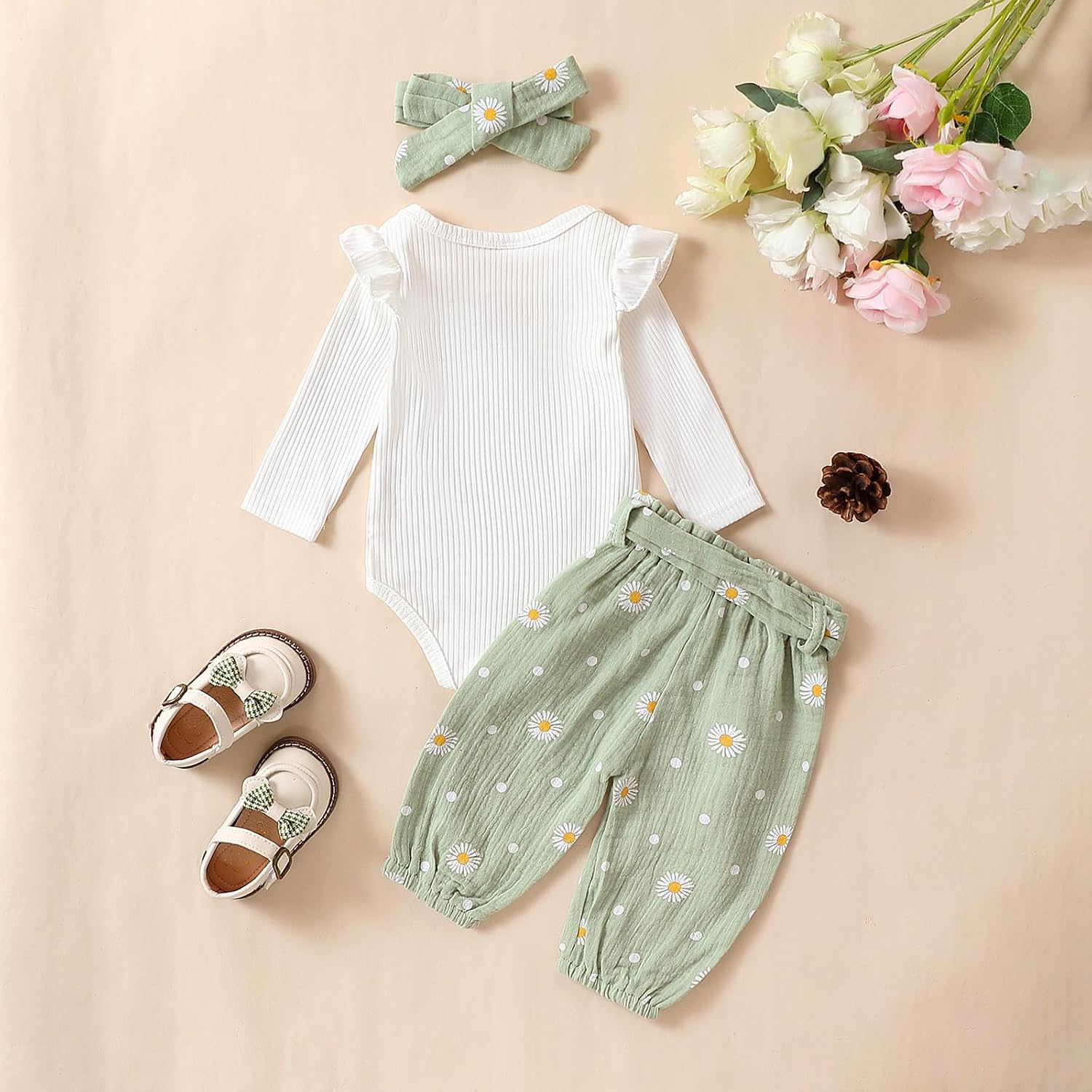 Geagodelia Baby Girl Clothing Outfit Set Long Sleeve Bodysuit Romper + Daisy Trousers + Headband Newborn Soft Baby Set – Bild 2