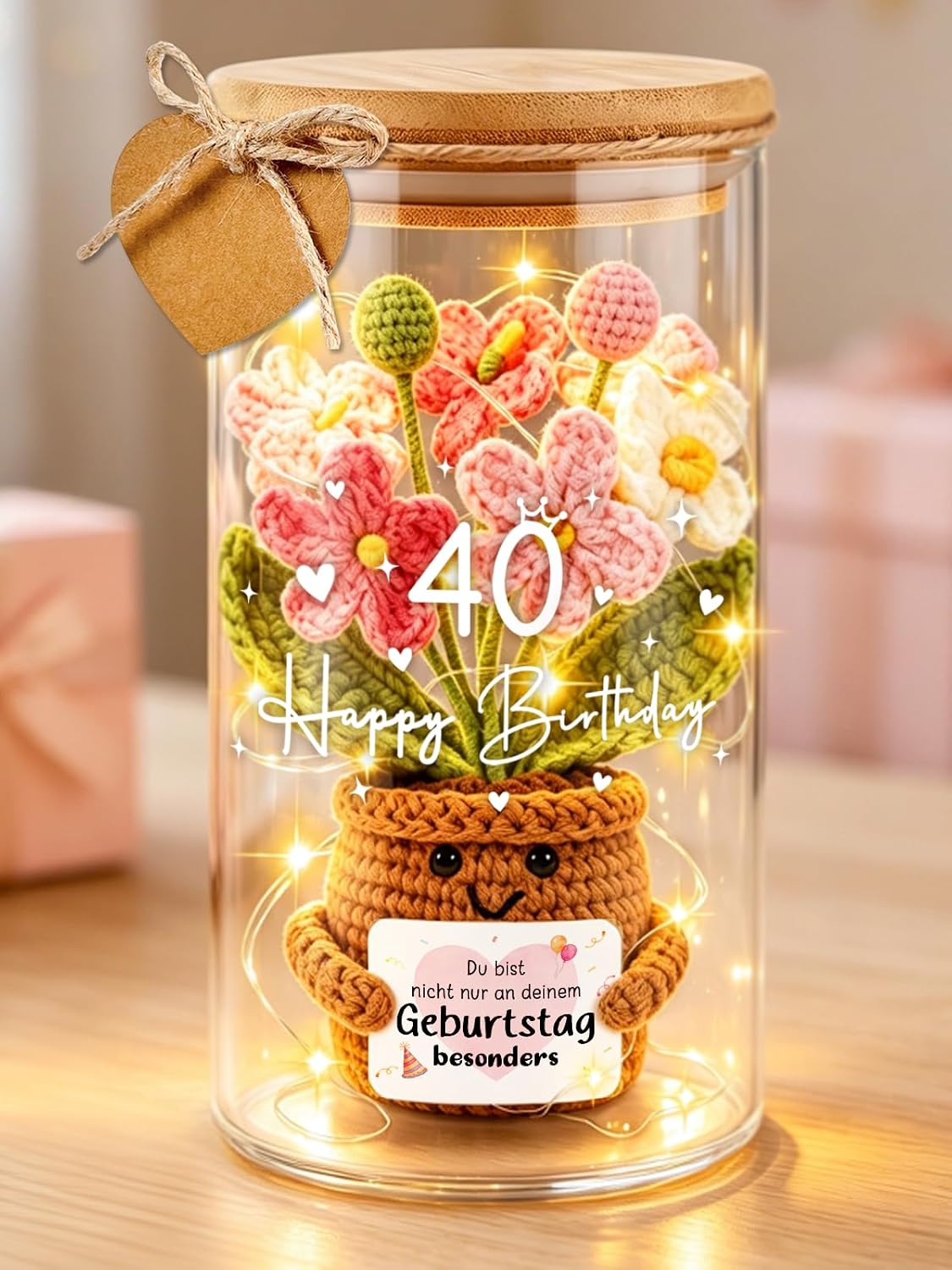 Gift 40th Birthday Women LED Bottle Light with Knitted Flower – Bild 8