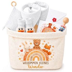 Baby Gift Set Neutral Newborn Gift Box 7-Piece Nappy Bag Cuddly Cloth Teether Bib Socks Greeting Cards Envelope Gift for Birth Baby Shower Baby Set for Boys Girls White