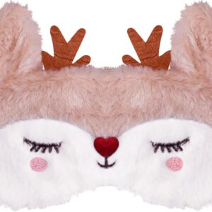 Christmas Reindeer Eye Mask, Cute Animal Funny Rudolph Sleeping Mask, Soft Plush Blindfold, Sleeping Mask, Eye Cover for Children, Adults, Girls, Boys, Girls, Women (Reindeer, White)
