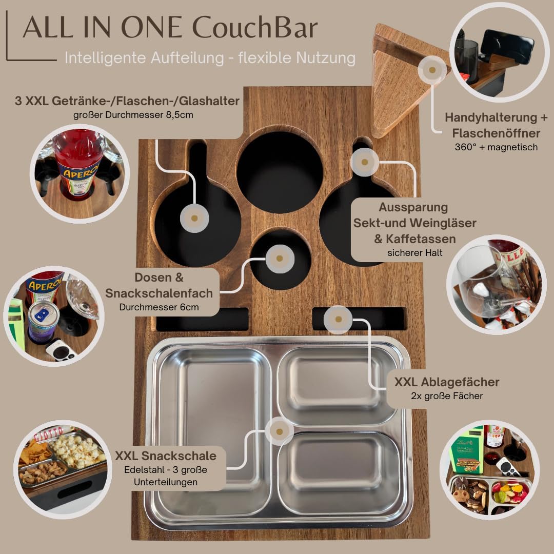 Lukada Premium Couch Bar Snack Box XXL Snack Bowl & 4 Drink Holders Acacia Wood & Bamboo Sofa Tray Includes Gift Box & Mobile Phone Holder Couch Organiser Gifts for Men and Women – Bild 4