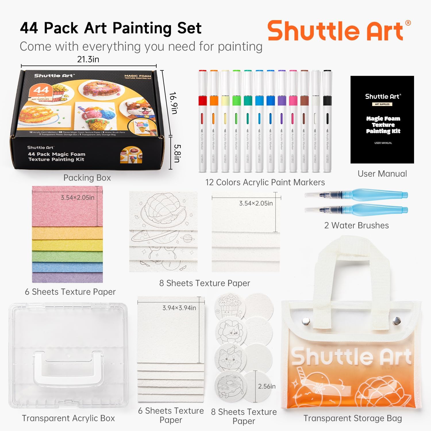 Shuttle Art 44 teiliges Schaum Textur Malset für Kinder, 3d Schaumstoff Malset mit 28 Schaumstoff Textur Malpapier, 12 Acrylstifte wasserfest, magisches Puffy Paint für Schaumtextur Malerei – Bild 2