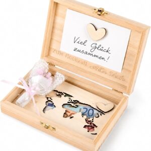 Wooden Wedding Money Gift, Wedding Card, Money Gift Box with Wedding Card, Dried Flowers, Wedding Gifts Personalised for Bride and Groom (World Maps, 15 × 10 × 3.5 cm)