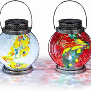 formano Set of 2 Solar Lanterns LED Table Lantern with Coloured Glass 18 x 16 cm Decorative Solar Light for Balcony Patio & Garden Metal Lantern with Atmospheric Light Play