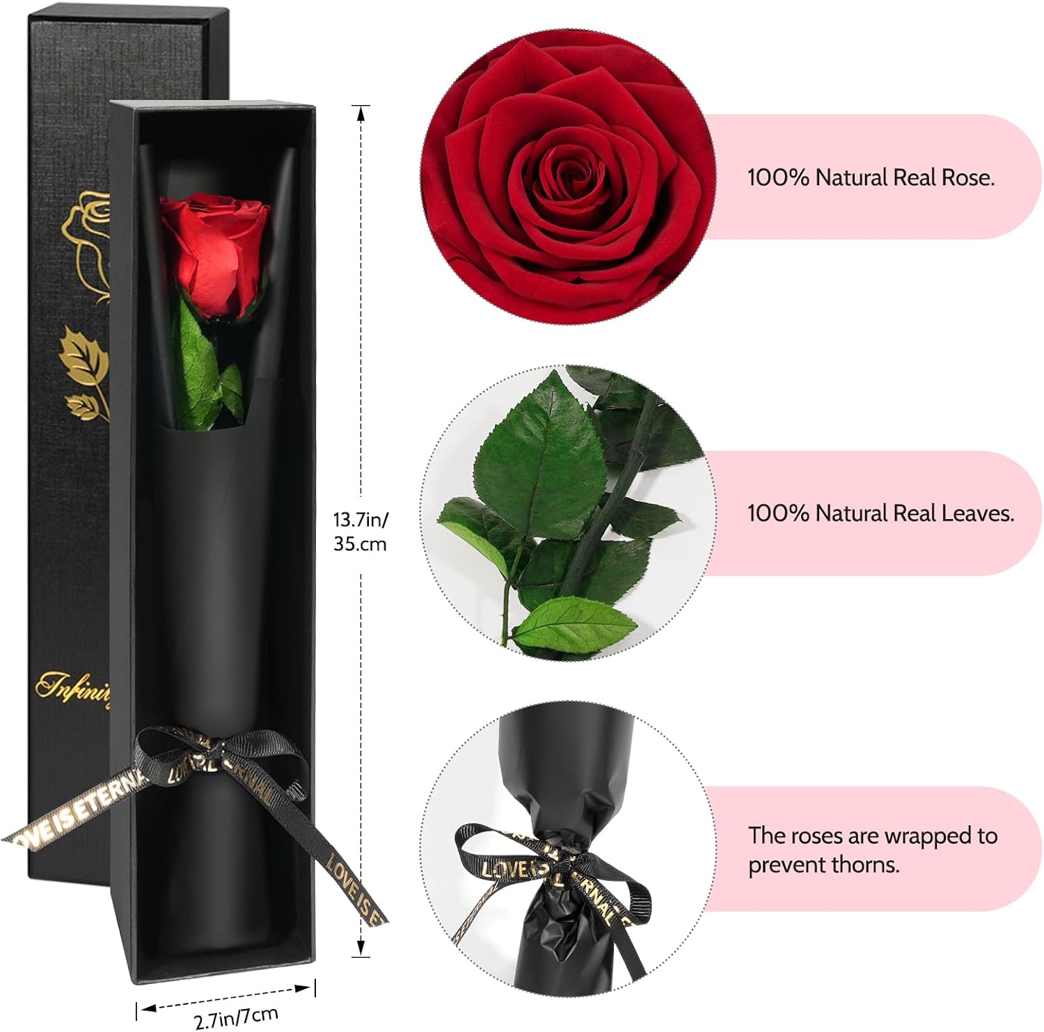 Yamonic Eternal Rose Gifts for Women, Infinity Rose with Stem, Birthday Gift Women, Real Rose in Gift Box, Gifts for Mum, Preserved Flower Gift, Valentine's Day, Christmas, Red Rose – Bild 4