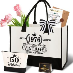 Giftota 50th Birthday Gift Woman – Vintage 1976 Canvas Shopping Bag Tote Cosmetic Bag Set with Greeting Card – 50th Birthday Gift for Mom, Girlfriend, Colleague or Sister