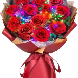 ADDWel Eternal Rose Bouquet with 12 Real Preserved Red Roses Infinity Bouquet with LED Gift for Her Women Girlfriend Mum Wife for Birthday Mother’s Day Anniversary Christmas