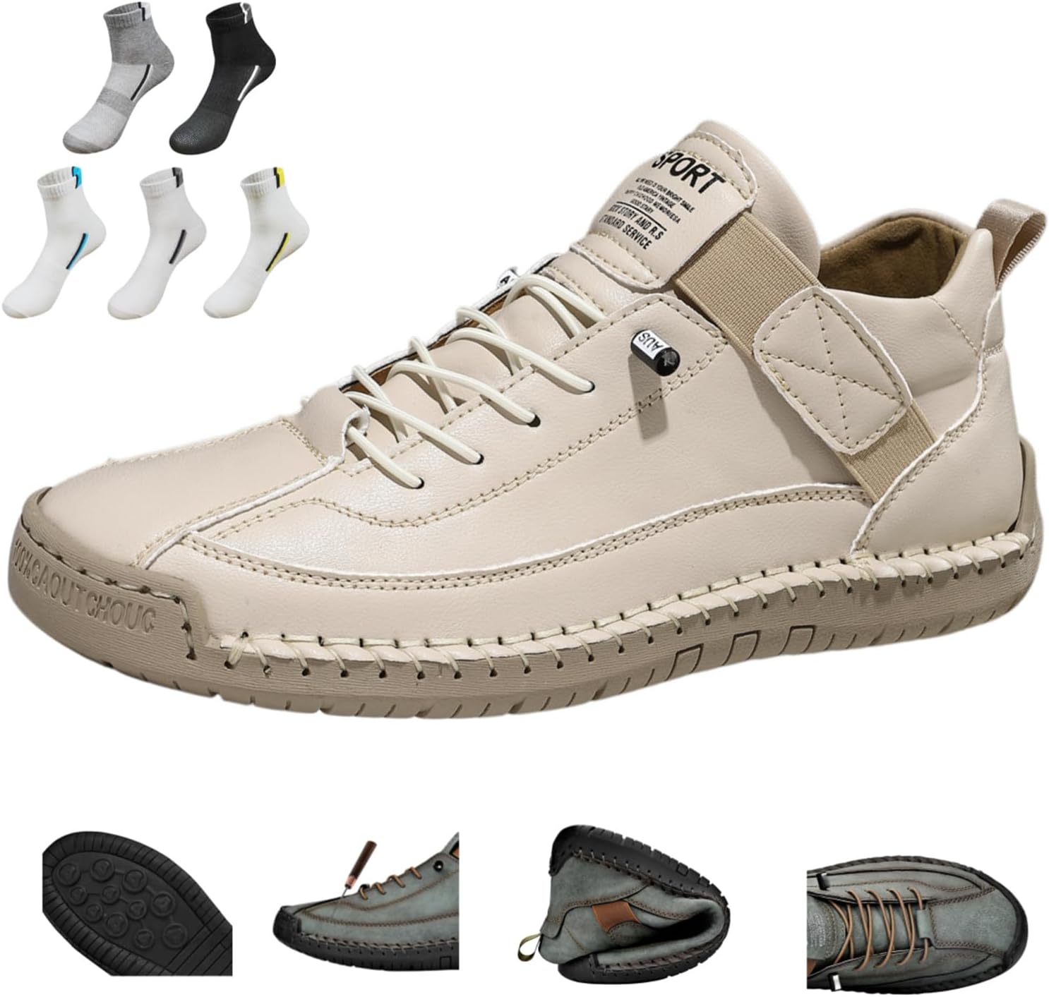 Hand Stitched Leather Shoes Men's Comfortable Orthopedic Leather Sneakers with Arch Support Spacious Toe Box Non-Slip