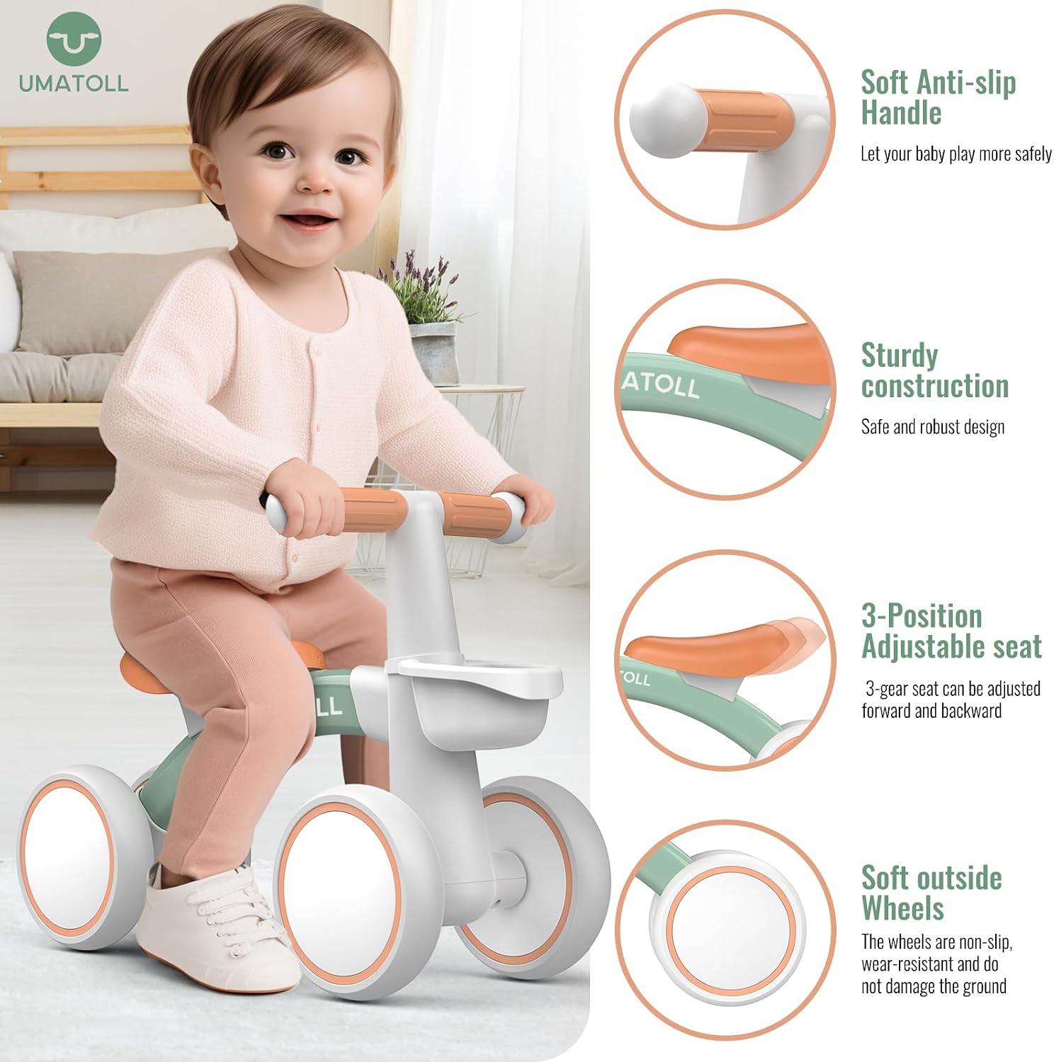 Umatoll Children's Balance Bike from 1 Year, Toy for 12-24 Months, Baby Walking Bike with Basket for Boys Girls, Gifts for 1 Year-Old Birthday (Green) – Bild 2