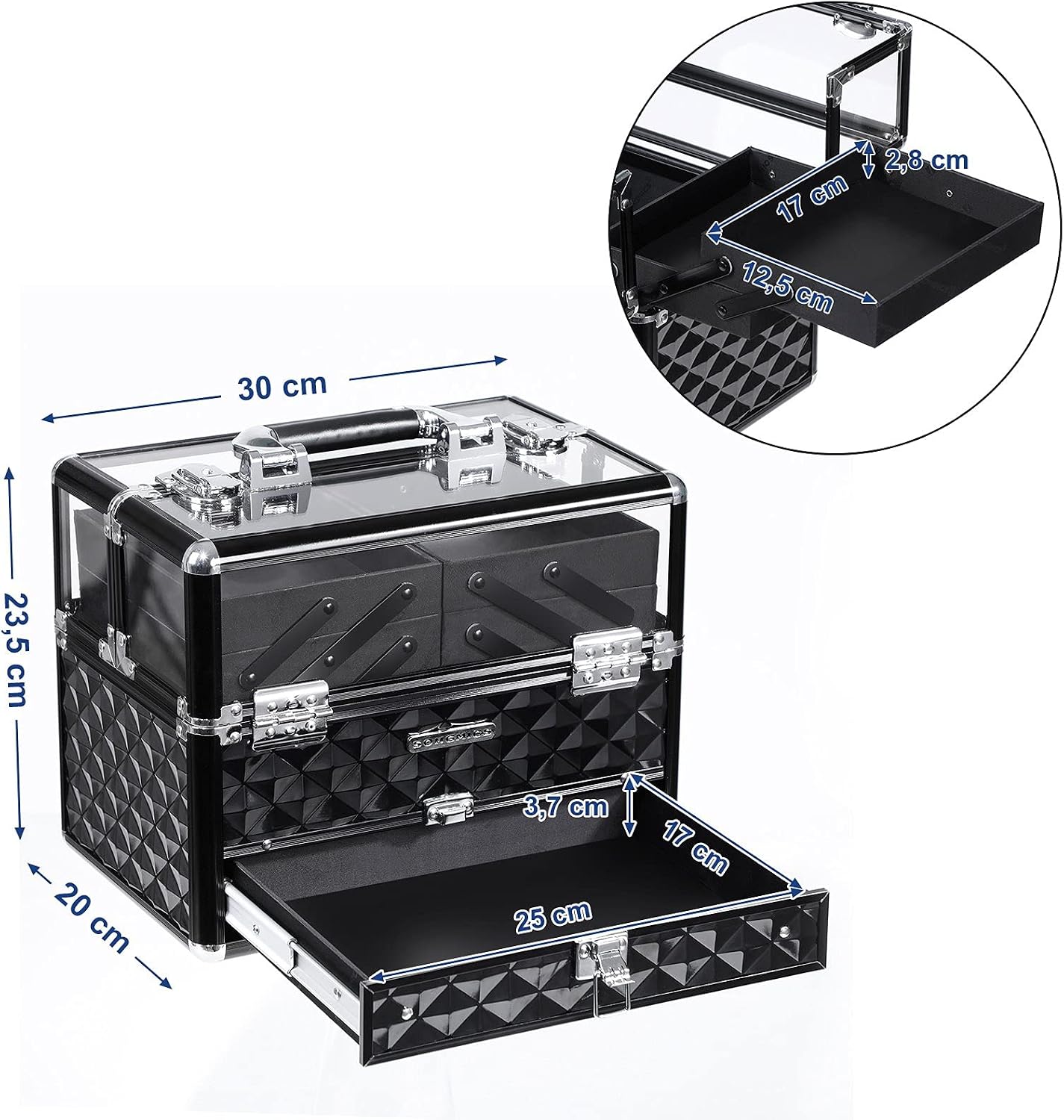 SONGMICS JBC318B Professional Cosmetics Case, Multi-Tiered Cosmetic Storage Case, Transparent Acrylic Glass, Folding Compartments, XL – Bild 6