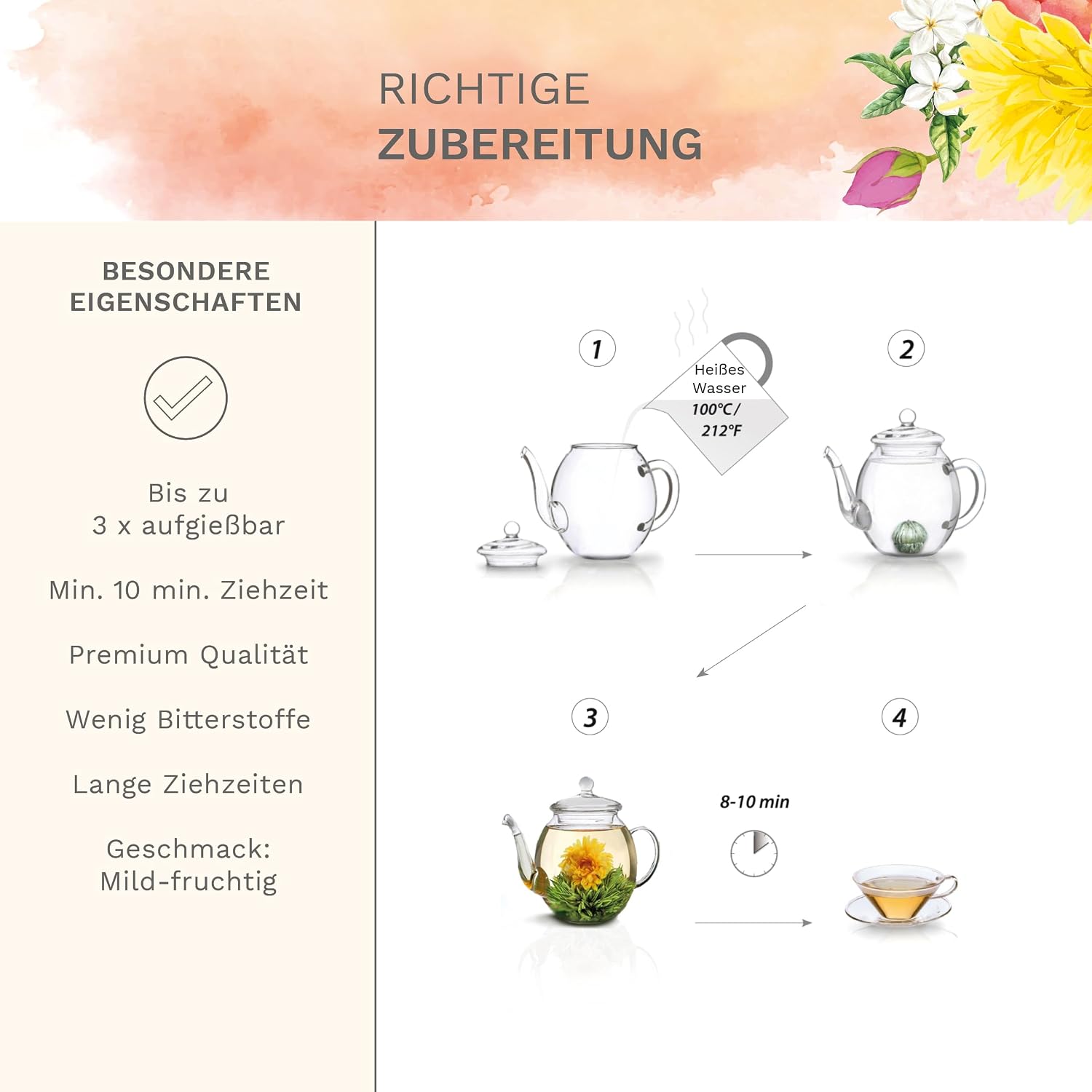 Creano Tea Flowers Gift Set, Flower Design, Blooming Tea Spring Reading with 500 ml Glass Jug and 6 x White Tea, Gift for Valentine's Day, Mother's Day – Bild 5
