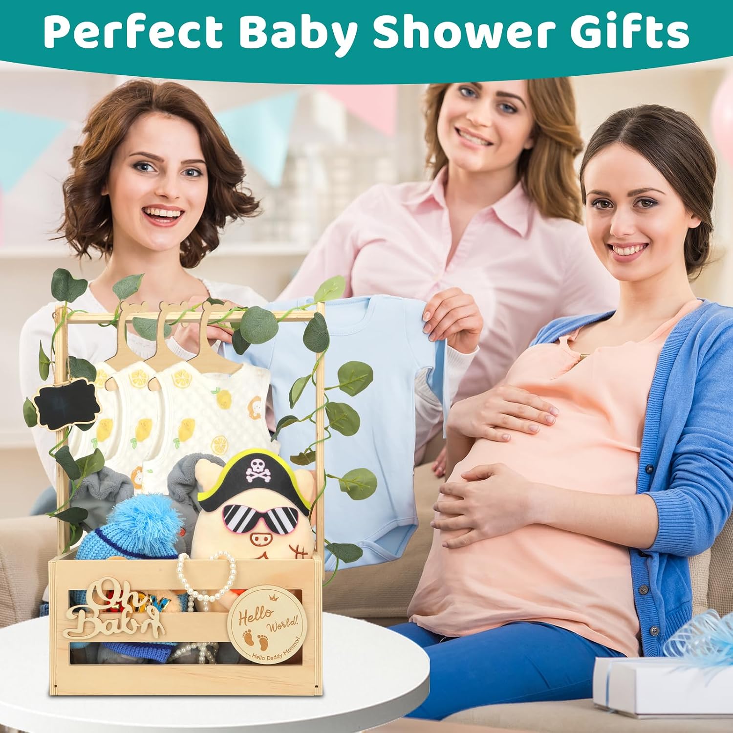 Baby Shower Gift with Wood, Baby Basket with 6 Wooden Hangers and Decorative Sheets, Gift Basket Baby Basket Gift with Wooden Sign, Baby Shower Party Gift for New Parents – Bild 7