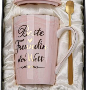 Best Friend Gifts for Women, Best Friend in the World Mug, Birthday Gift for Friend’s Birthday, 400 ml Pink Friendship Ceramic Mug with Lid, Spoon, Gift Box