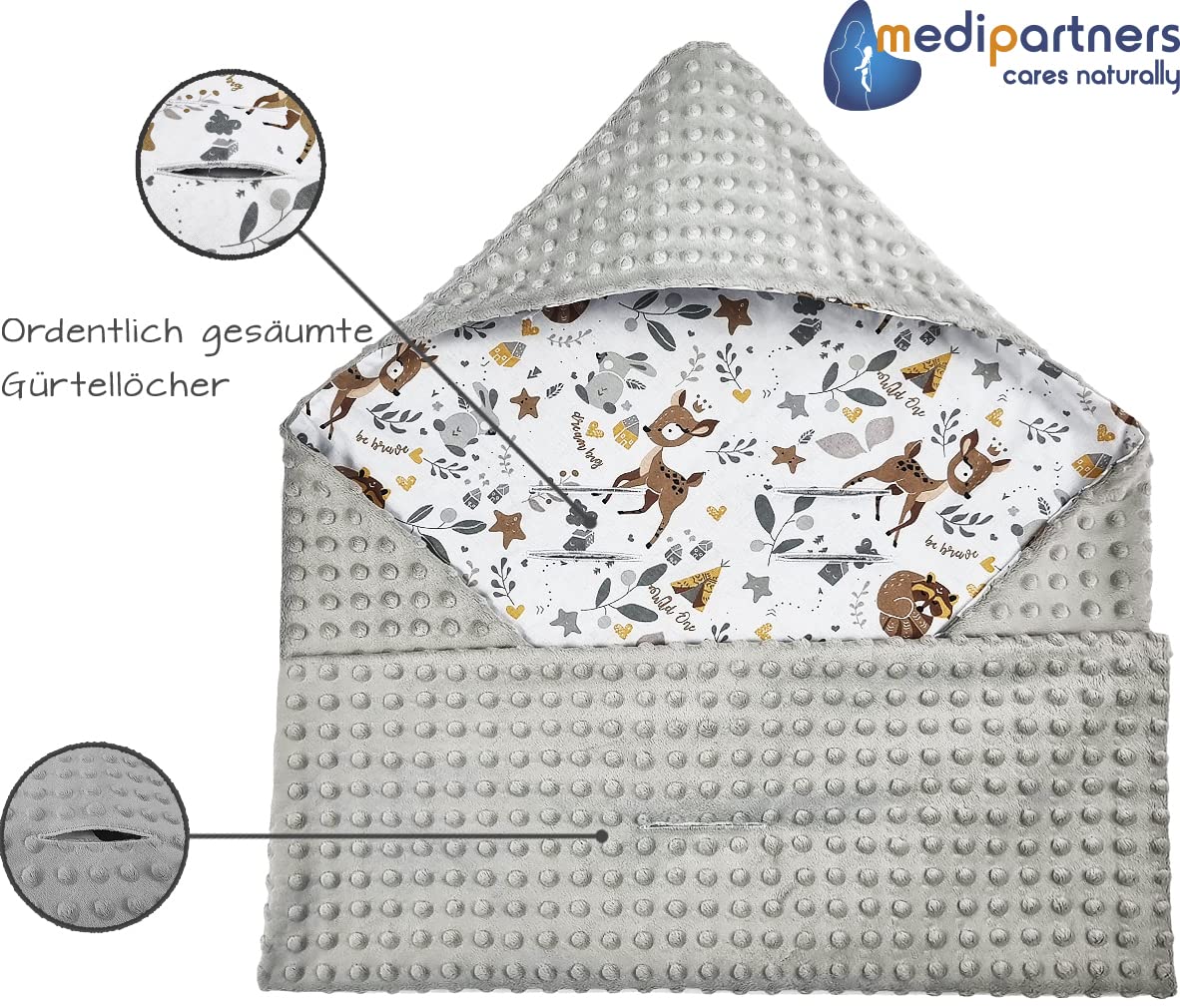 Medi Partners Swaddling Blanket for Baby Seat, All-Year Baby Blanket, Universal, 85 x 85 cm, for Prams, Buggies and Car Seats, Cuddly Blanket (Deer with Grey Minky) – Bild 4