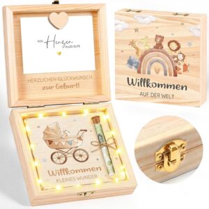 Wooden Money Gift for Birth – Gifts for Birth Gift Box with LED Fairy Lights and Card, Personalised Baby Gift Girl Boy – Welcome to the World