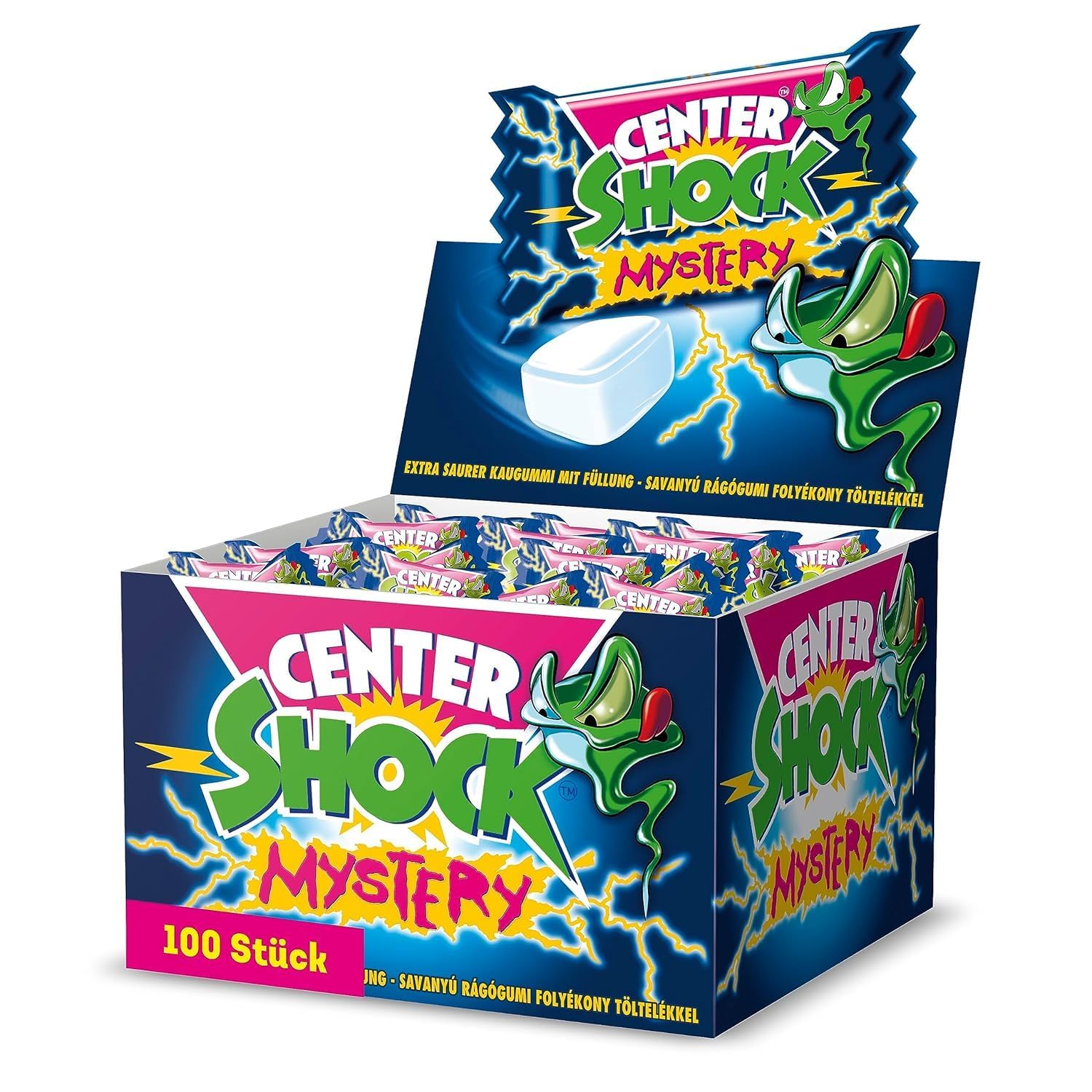 Center Shock Mystery, Box of 100 Bubble gums, Extra Sour with Different Varieties, Perfect for Birthday, Pinata, Candy Bar, School Cone & Christmas, 400 g