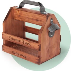 Personalised Beer Carrier with Desired Engraving Made of Wood, Includes Bottle Opener, 6 x 0.33 L, Gift for Father's Day, Beer Gift, Stag Party, Men's Handbag