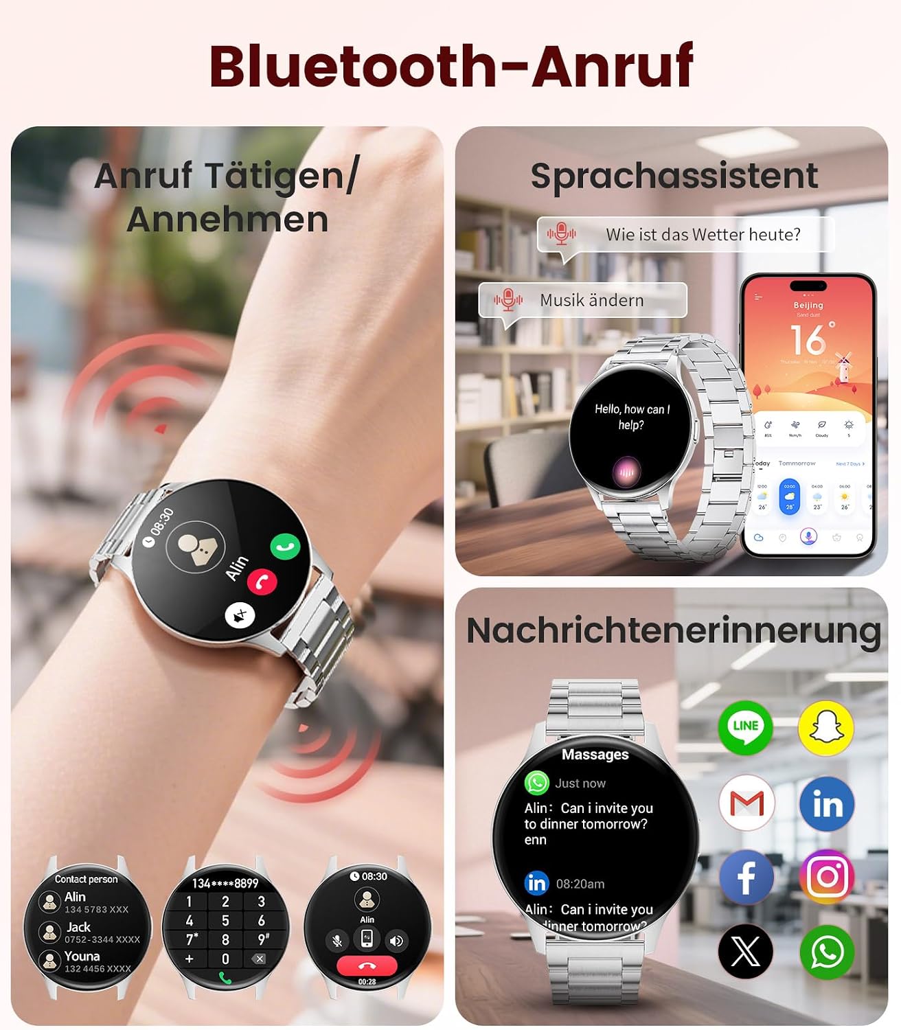 Women's Smartwatch (2 Bracelets), Premium Metal Bracelet, 1.43 Inch HD AMOLED Display, 120+ Sports Modes, Fitness Watch with Sleep Tracking, Phone Function, Watch for iOS Android, Silver – Bild 4