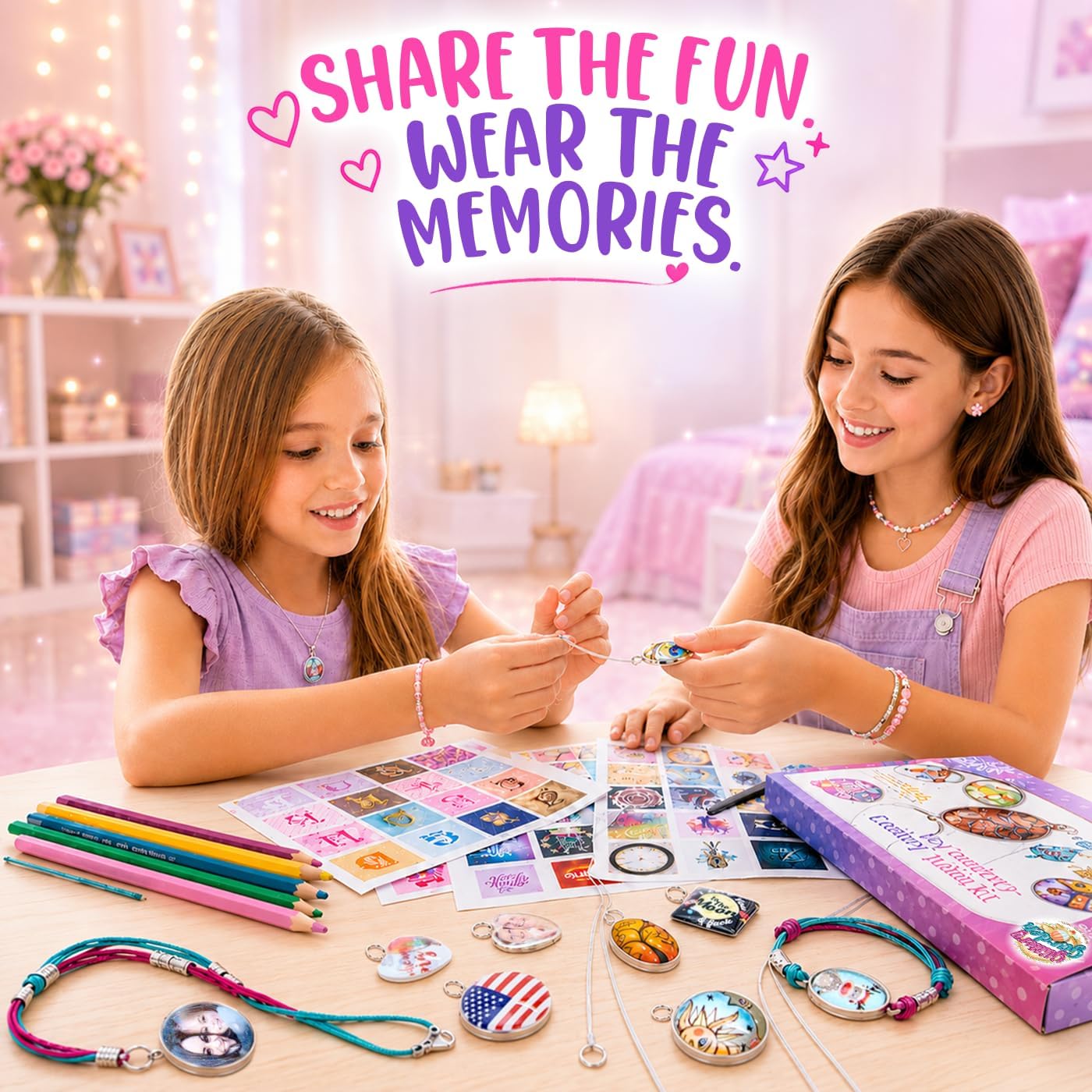 Girls Jewellery Making Kit DIY Necklace Pendant and Bracelet Craft Set with Glass Beads & Charms - Fashion Accessories, Craft Accessories. Ideal as a Handmade Gift & Group Activity – Bild 2