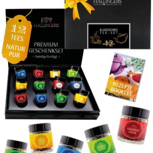 Hallingers Genuss Manufaktur Tea Gift Set – 12 Varieties Premium Loose Tea Tasting Set in Elegant Gift Box with Recipe Booklet „Classic Tea…“, Gift Idea for Men and Women