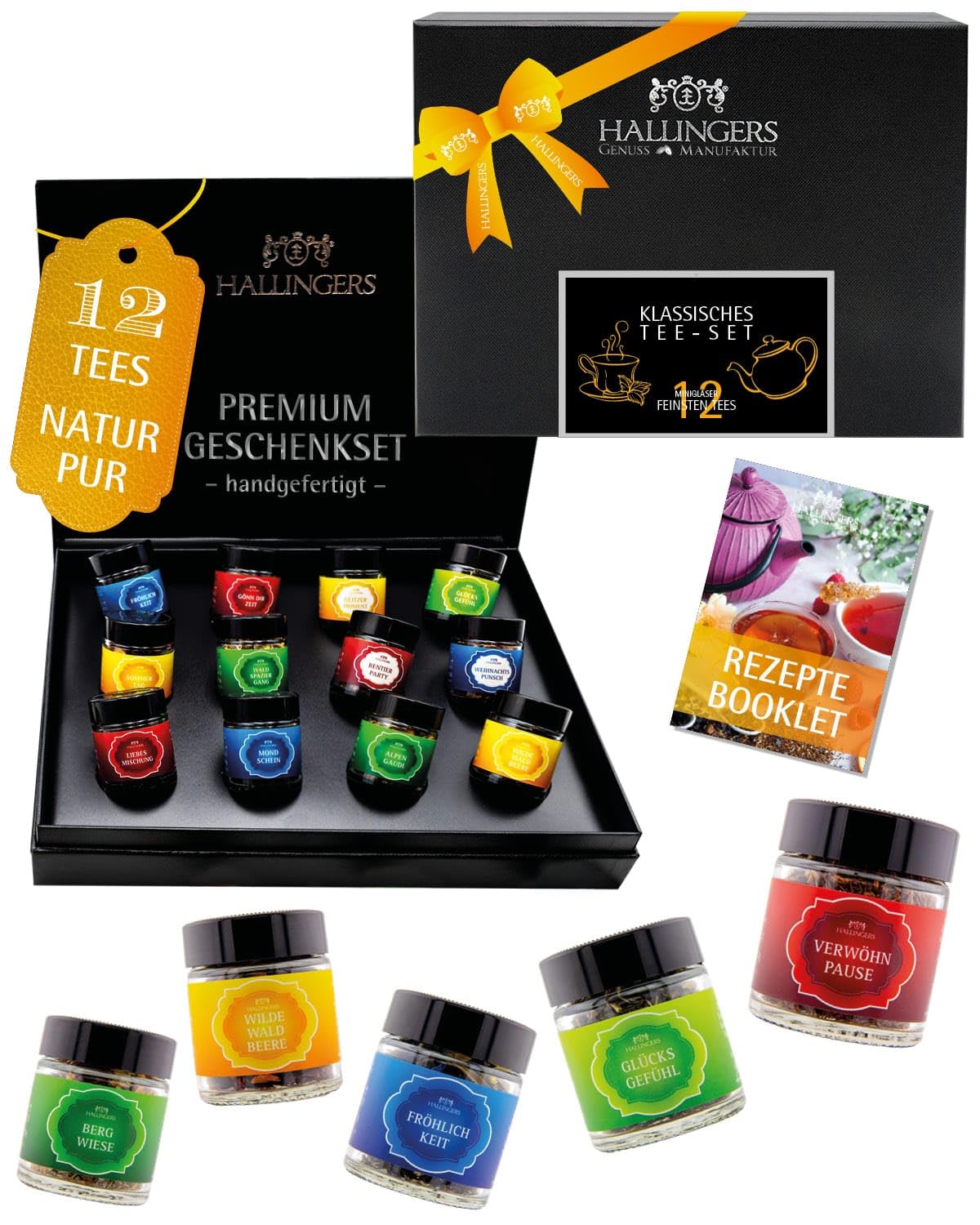 Hallingers Genuss Manufaktur Tea Gift Set - 12 Varieties Premium Loose Tea Tasting Set in Elegant Gift Box with Recipe Booklet "Classic Tea...", Gift Idea for Men and Women