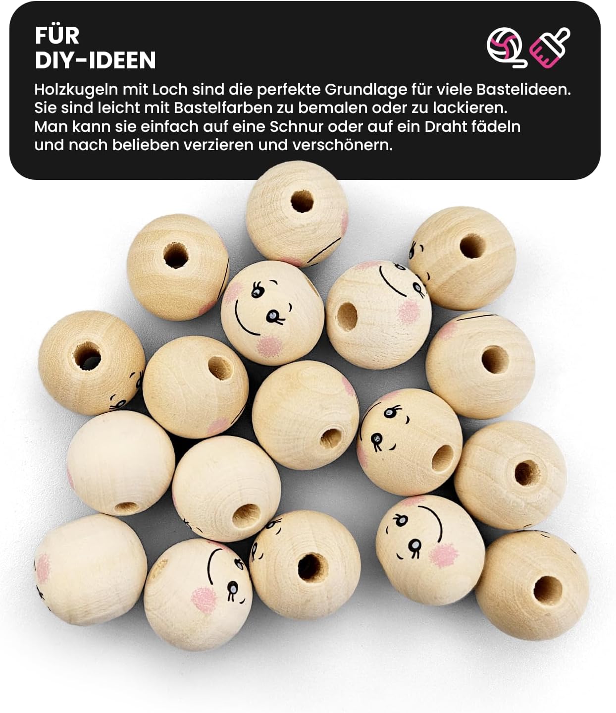 Netuno 17 x Wooden Balls with Smiling Face 20 mm x 18 mm Wooden Heads Angel Head Natural Craft Beads for Macrame Decorative Balls with Eyes for Crafts Jewellery Wooden Beads with Hole Round – Bild 3