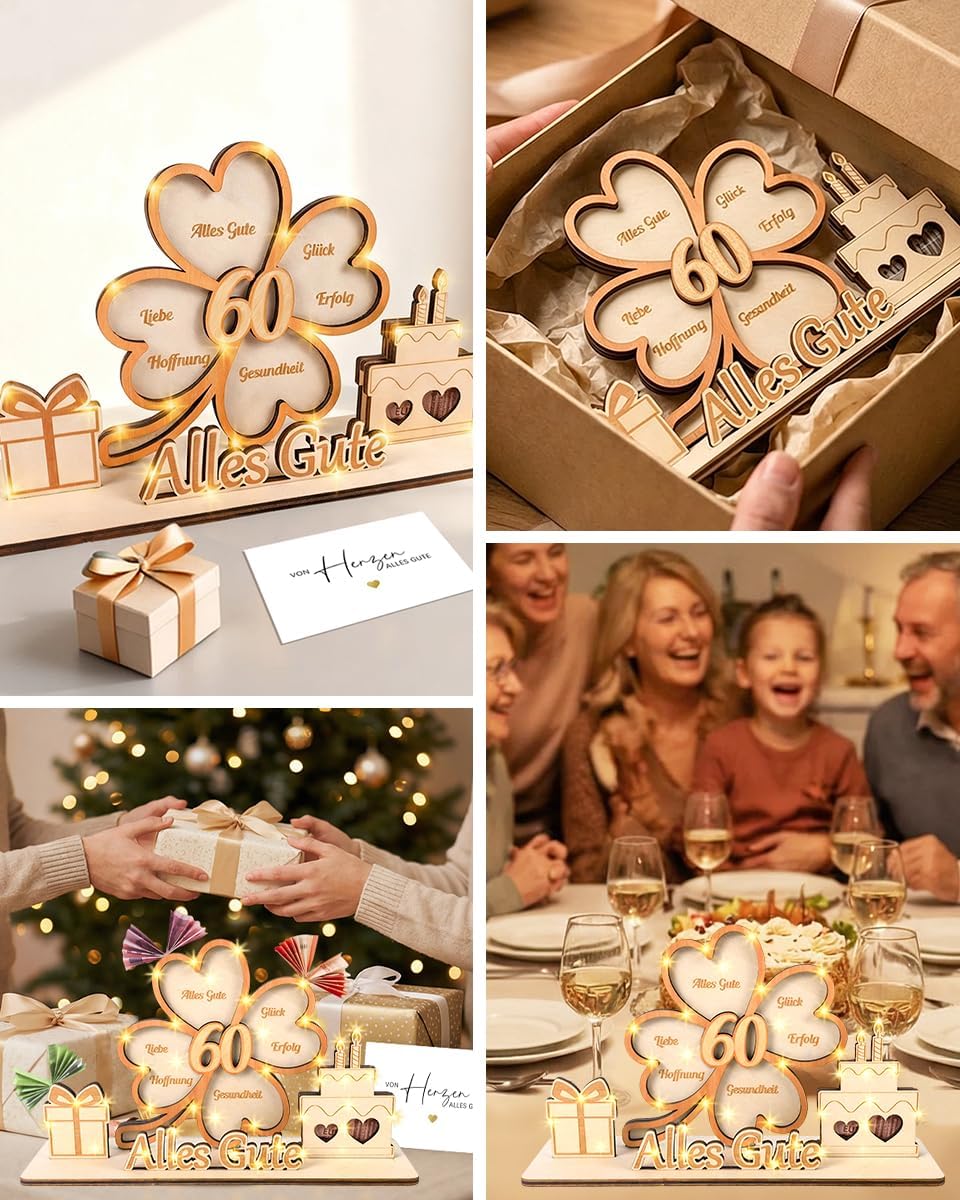 60th Birthday Woman - Wooden Money Gifts Packaging with Fairy Lights & Greeting Card, Gift & Decoration for 60th Birthday Woman, Birthday Gift for Men 60 & Women 60 – Bild 7