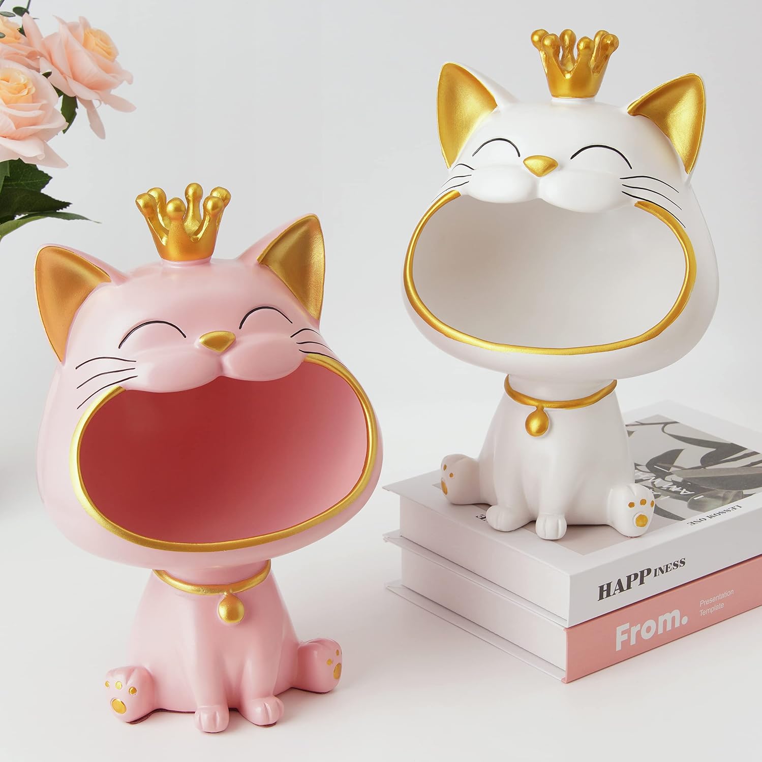 Laughing Cat Statue Figures Storage Box, Cat Jewellery Key Storage Box, Jewellery Tray, Large Cat Sculpture Statue, Suitable for Home, Office Decoration (White, M) – Bild 5