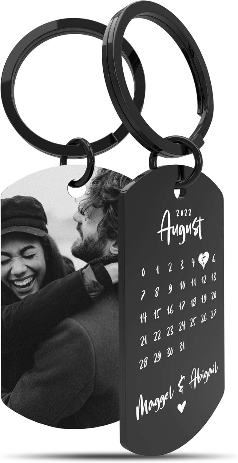 Meinearmbänder Personalised Stainless Steel Keyring with Black/White Picture and Date - Valentine's Day & Anniversary Gift for Him & Her - Partner Gifts - Personalised Gifts