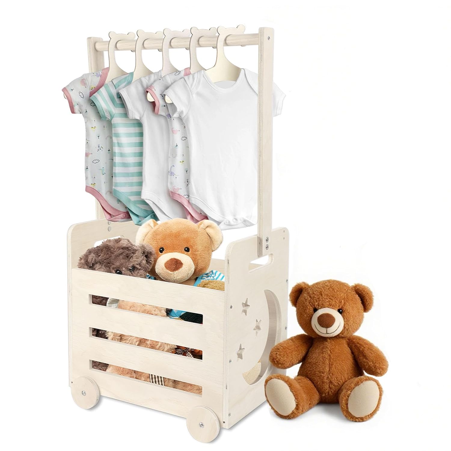 Wooden Gift Basket with Wheels and High Handle, Personalised Basket for Pregnant New Parents. Gift Basket-Moon Car-DE