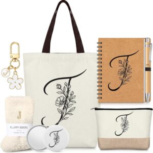 Hestya 7 Pieces Letter Gift Set, Initial Gift with Carry Bag, Cosmetic Bag, Key Ring, Mirror Socks, Notebook Ballpoint Pen, Alphabet Set for Women, Mothers, Birthday, Christmas, Yellow and white, J