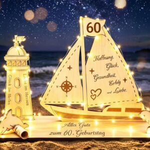 60th Birthday Woman Man Money Gifts, LED Gift for 60th Birthday Woman Man, Personalised Gifts 60th Birthday Gift Wooden Sign Guest Book Decoration (60)