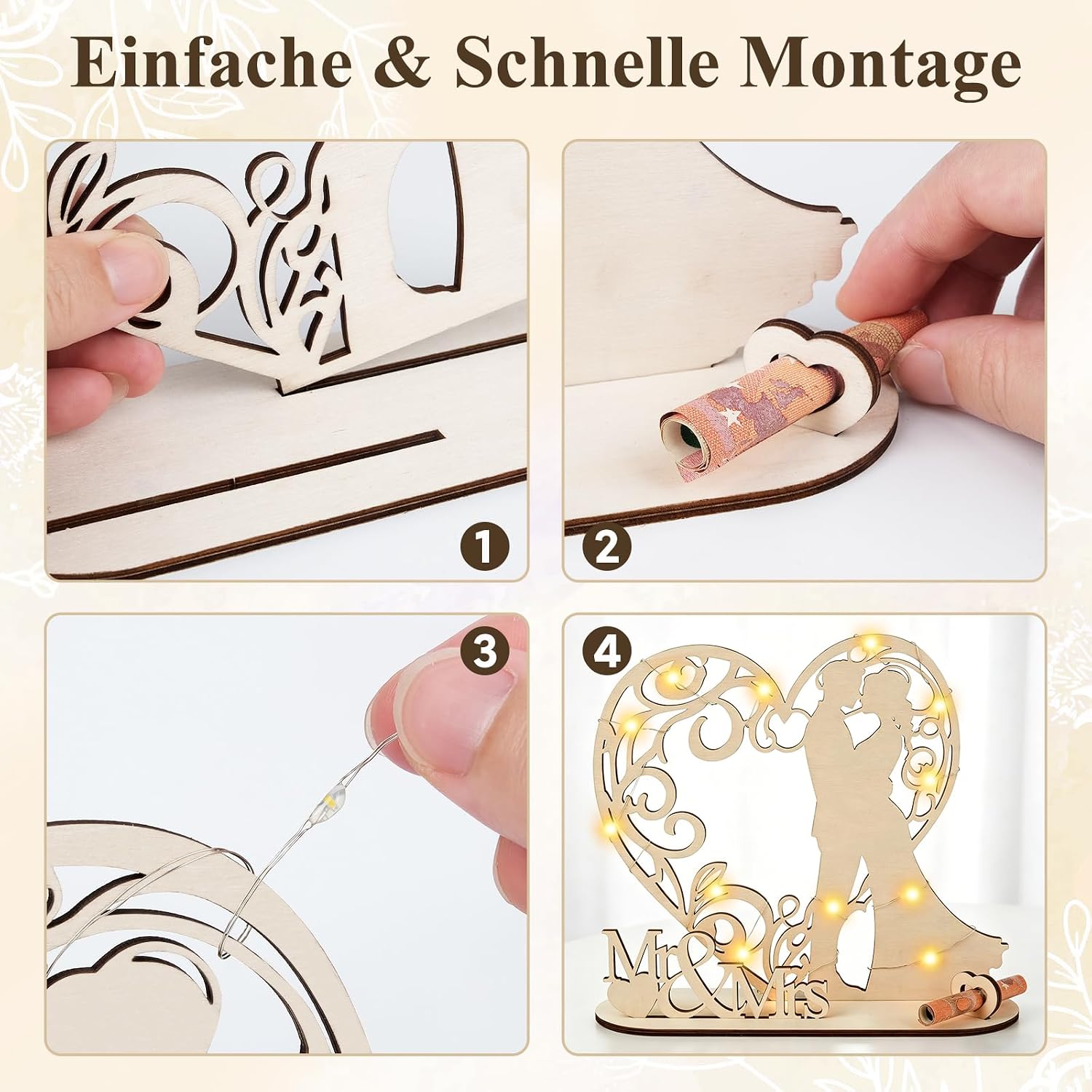 Wedding Money Gift for Bride and Groom - Wedding Gift Money Made of Wood with LED Light, Packaging with Foil & Bow, Mr & Mrs Decoration, Ready to Use – Bild 5