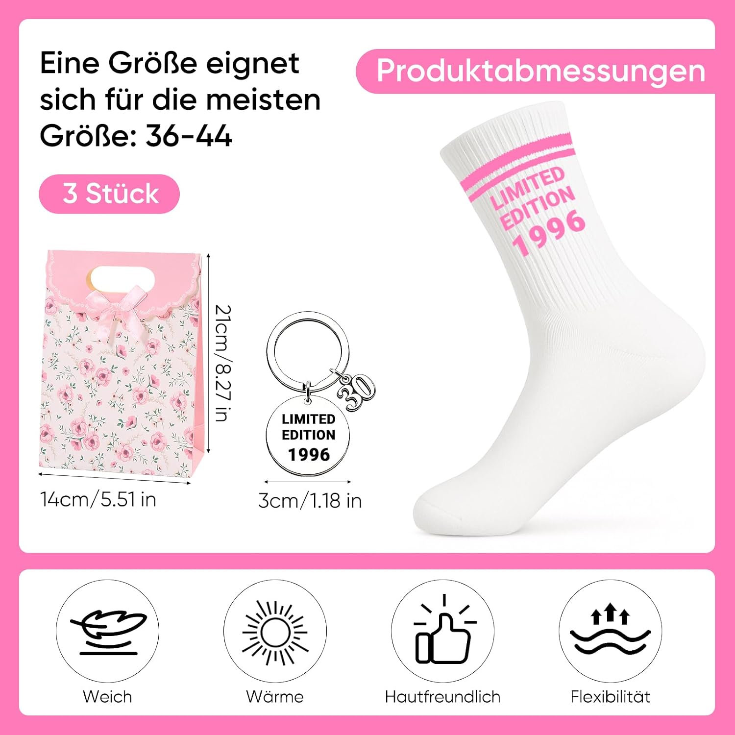 Scinzene Gift 30th Birthday Woman Set - Limited Edition 1996 100% Cotton Socks (36-44) with Keyring & Gift Bag For 30th Birthday Women, 30th Birthday Women Gift Idea – Bild 3