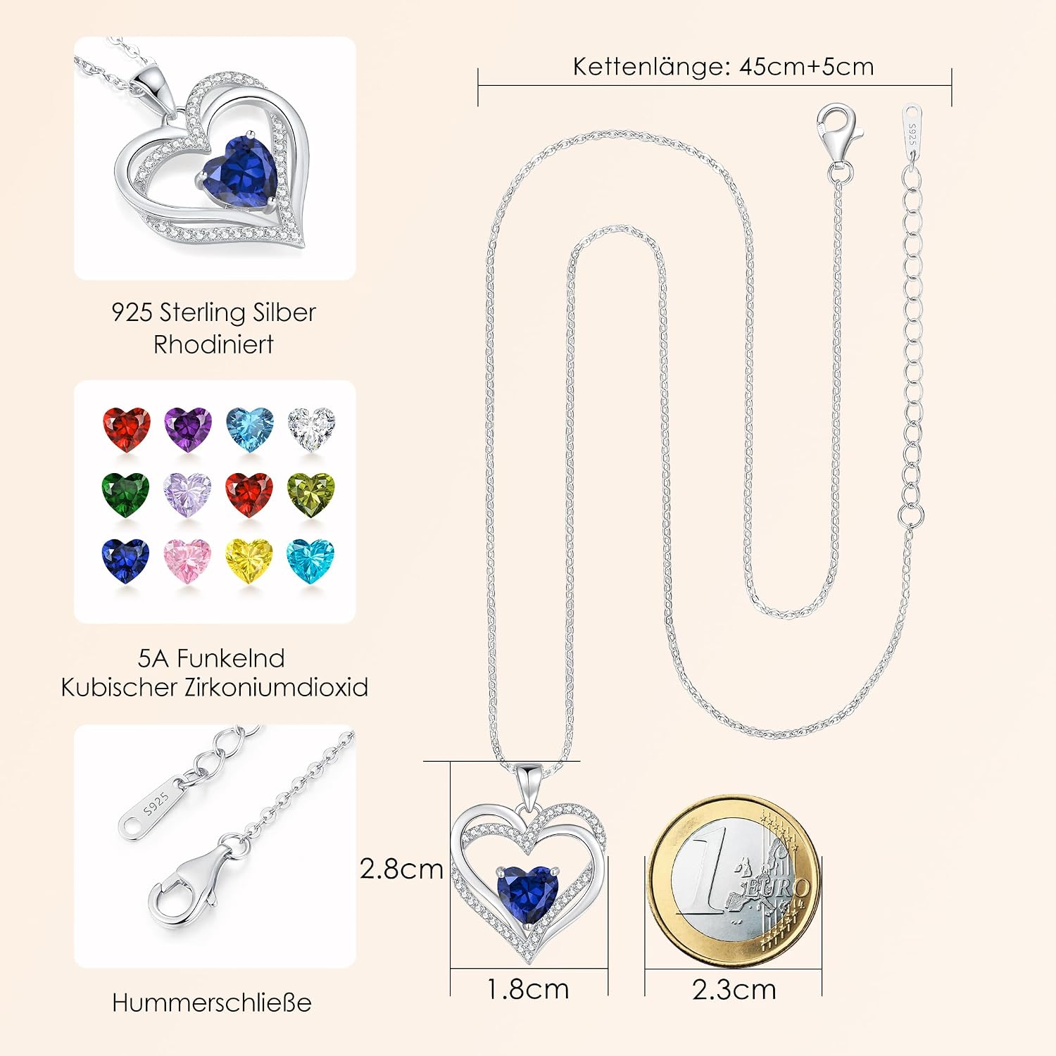 CDE Women's Heart Necklace, 925 Sterling Silver, Birthstone, Jewellery, Heart Pendant, Christmas, Valentine's or Mother's Day Gift, Wedding Anniversary, Wife, Girlfriend or Mum – Bild 4