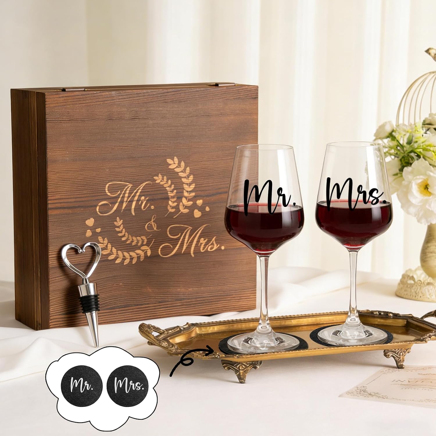 Wedding Gifts for Bride and Groom Mr and Mrs, 2 Wine Glasses with Engraving & 1 Wine Stopper & 2 Coasters, Personalised Engagement Gift Set in Wooden Box, Wedding Gift (Wedding) – Bild 7