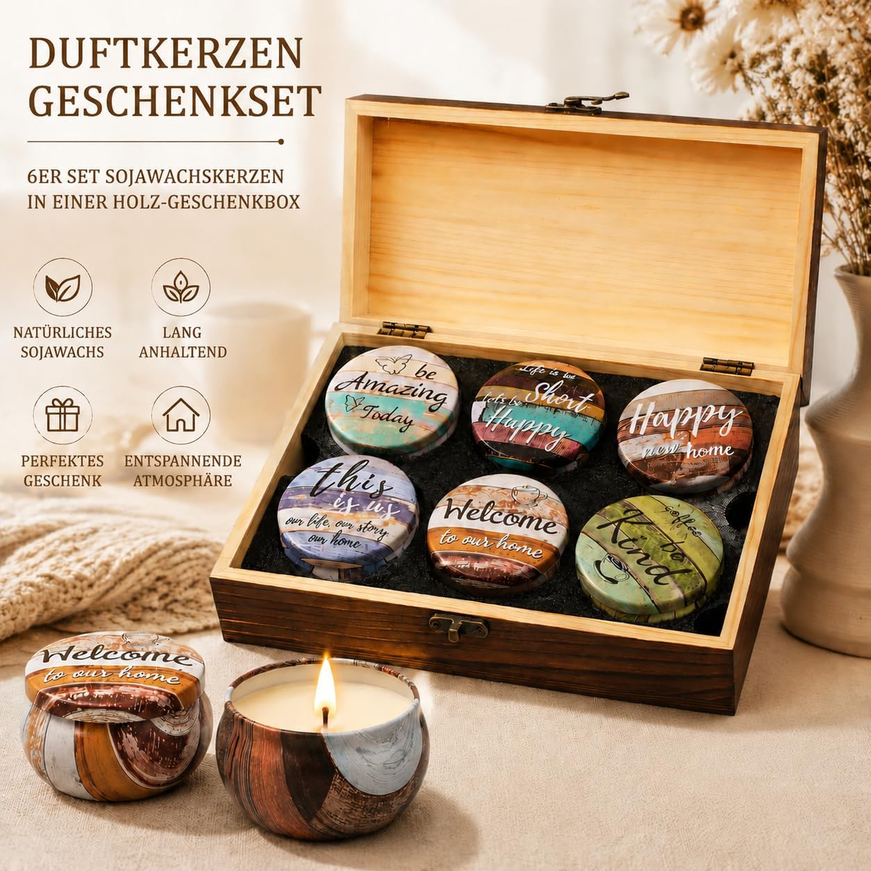 Gifts for Women Scented Candles Set with Decorative Wooden Box Set of 6 Candles with Sayings Natural Soy Wax Candle for Birthday Gift Set for Men and Women – Bild 2