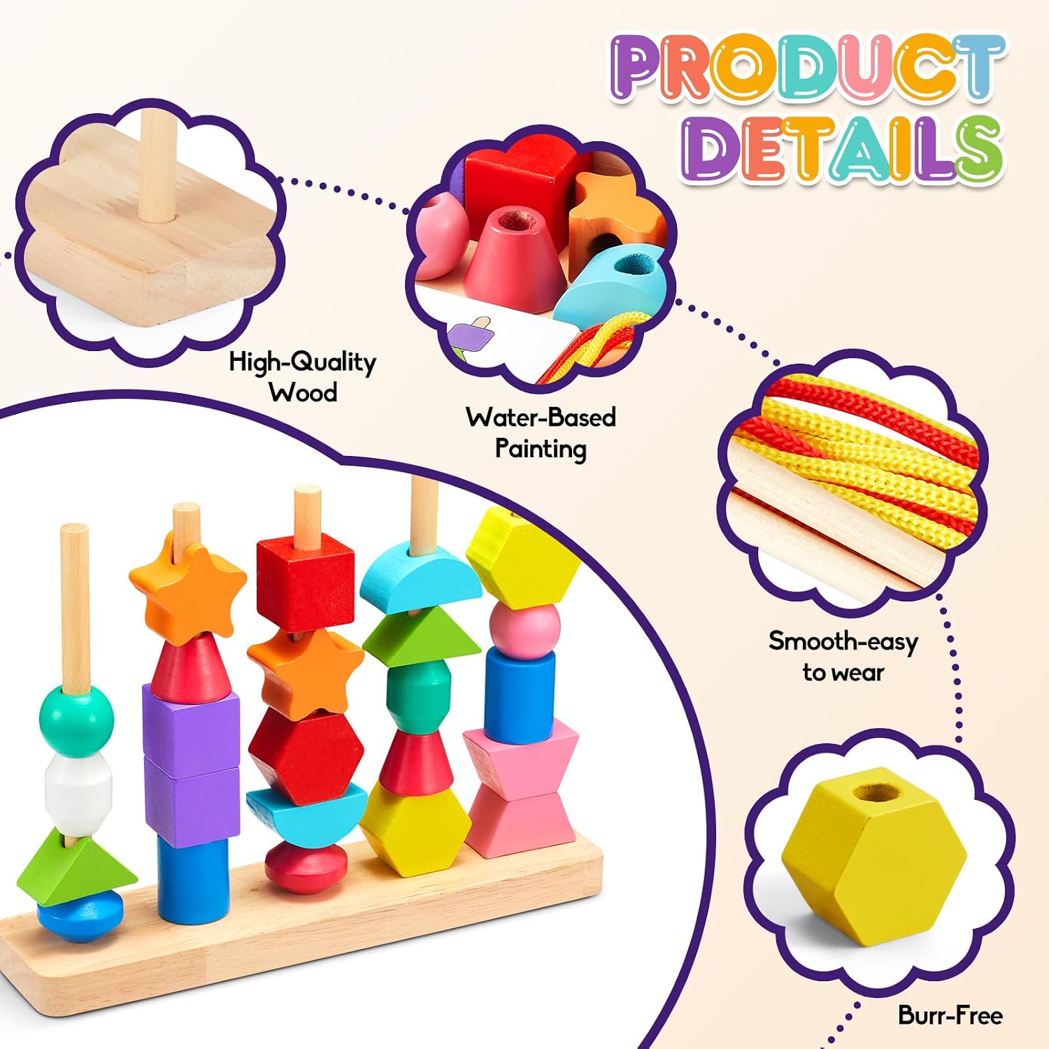 Montessori Toy from 3 4 5 Years Motor Skills Toy Threading Game Building Blocks Sorting Game for Children, Wooden Stacking Game Fine Motor Skills Educational Games Gift for Baby Boy Girl – Bild 8