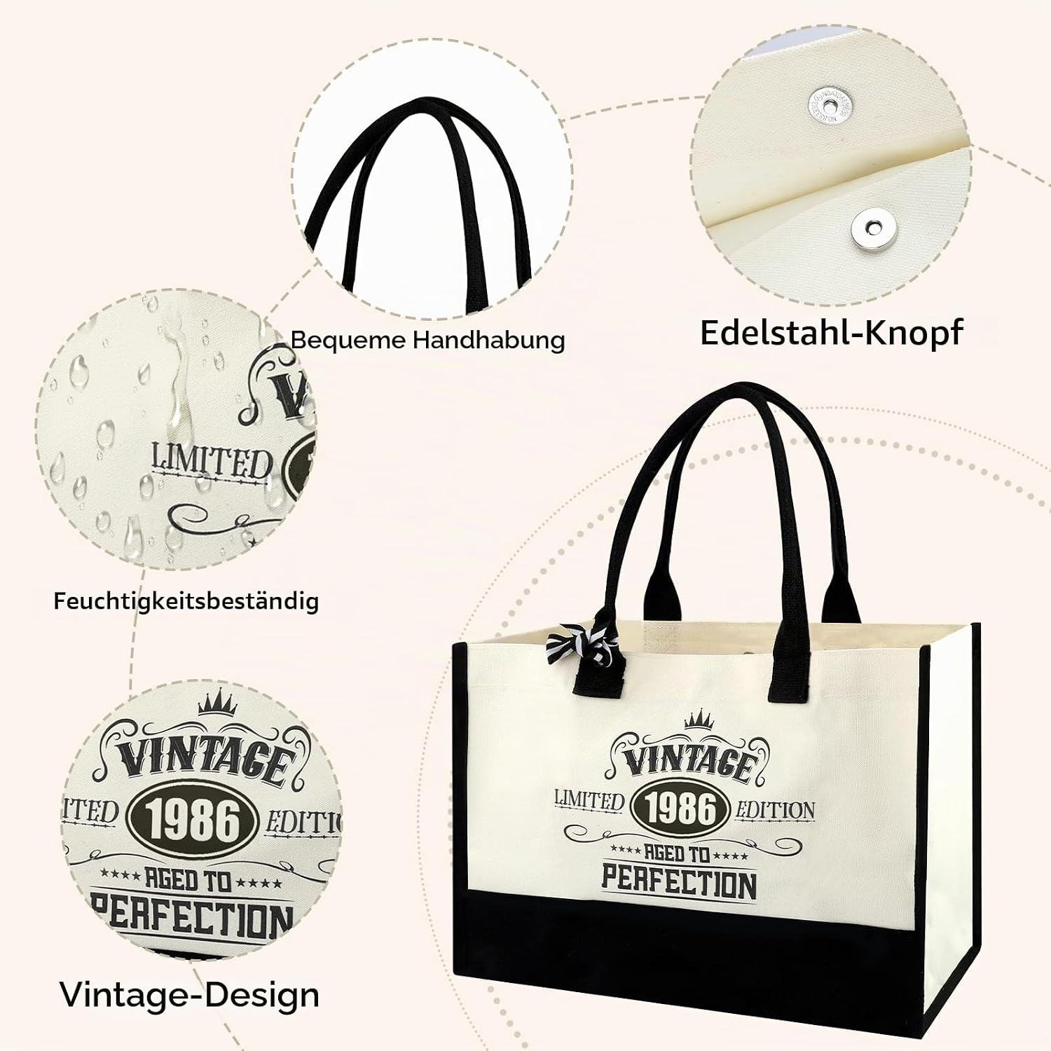 40. Geburtstag Geschenkset für Frauen, Vintage 1986 Canvas Tragetasche Set – Bild 3