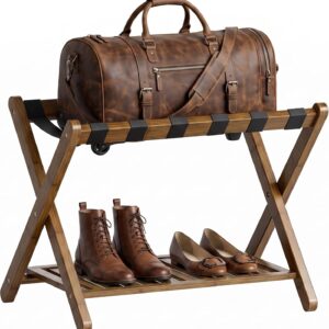 SMIBUY Luggage Rack, Foldable Bamboo Suitcase Stand with Storage Compartments for Guest Room, Bedroom, Hotel, Heavy Duty (Walnut)