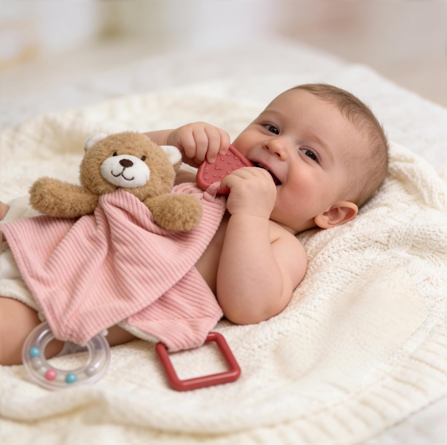 CREVENT 3-in-1 Baby Cuddle Blanket with Teether & Rattle | Plush Buyable Animal Head Safety Blanket Birthday Gift - Pink Bear – Bild 4