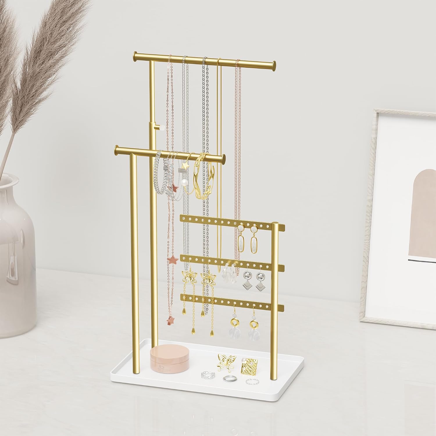 Gold Jewellery Organiser - 3 Bars Jewellery Stand, Jewellery Storage for Earrings, Bracelets, Necklaces, Perfume, Decorative Aesthetic Accessories for Dressing Table, Adjustable Angle and Height 37 cm (Max) – Bild 7
