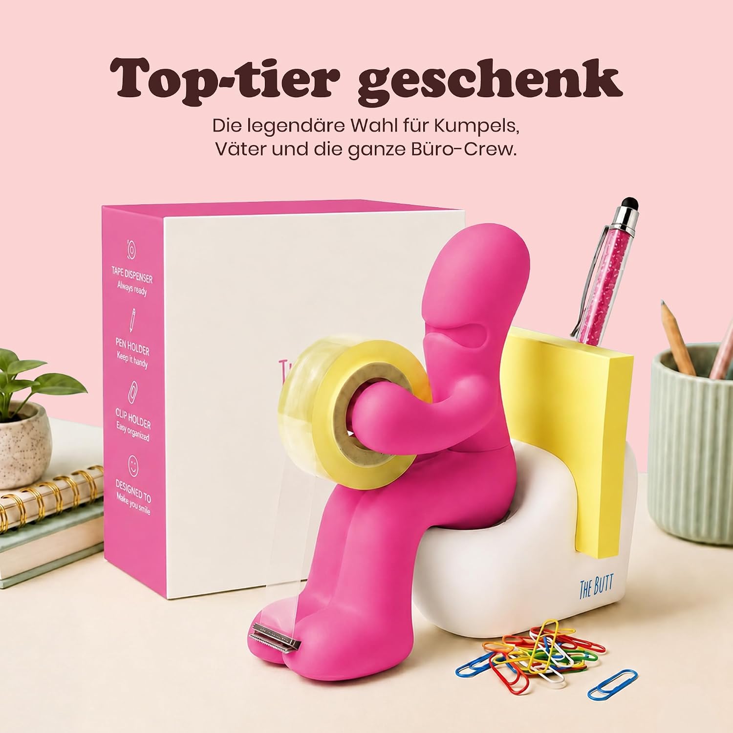 The Butt | Tape Dispenser and Supply Station | Funny Accessory for Office, Home or School | Fun Novelty Desk Tidy and Desktop Notepad Holder Includes Paper Clips, Notes and Pen | Ideal Present (Pink) – Bild 3