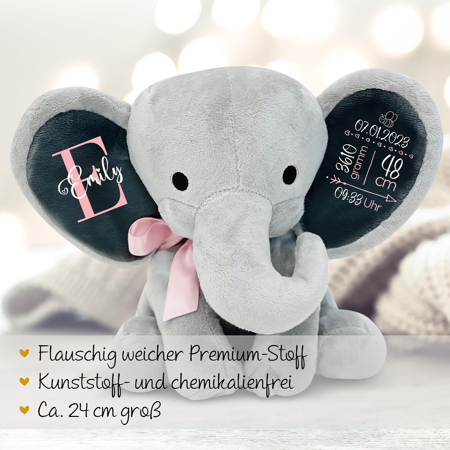 Love Faith Personalised Cuddly Elephant - Grey/Pink - Birth Gift – Bild 4
